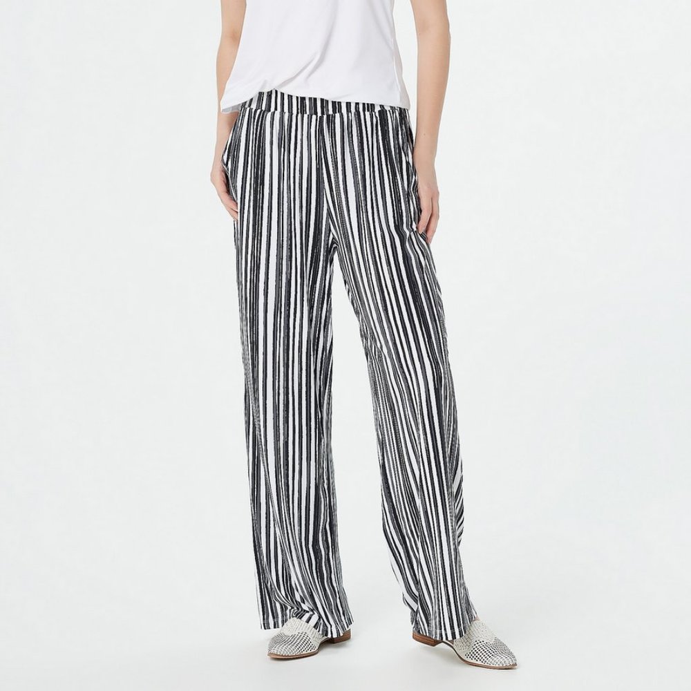 NWT ELIZABETH & CLARKE PRINTED WIDE-LEG PANTS STAINTECH BLACK STRIPE XXS